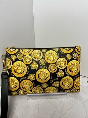 Versace Black and Gold Medusa Print Wristlet Clutch